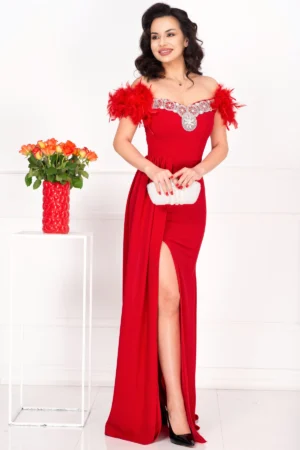 Rochie eleganta lunga rosie tip sirena Alissa cu fulgi si trena