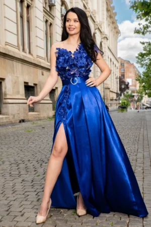Rochie eleganta Ofelia albastra lunga cu flori 3D