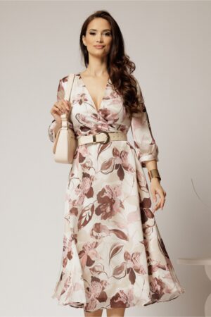 Rochie midi ivoar din voal usor satinat cu imprimeuri si decolteu petrecut
