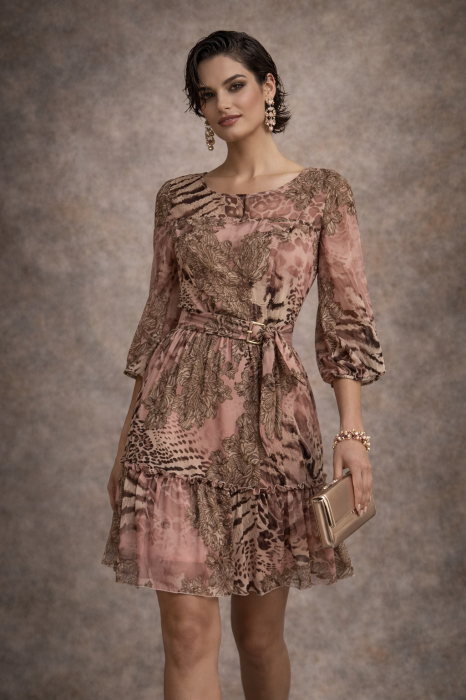 Rochie roz prafuit cu imprimeu animal print si curea