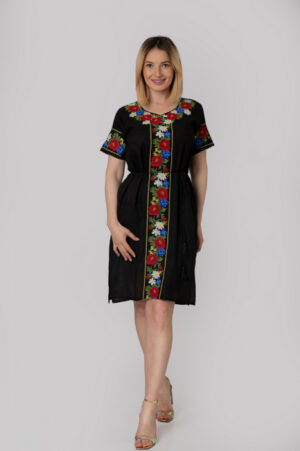 Rochie traditionala midi neagra cu motiv floral multicolor Ruxandra