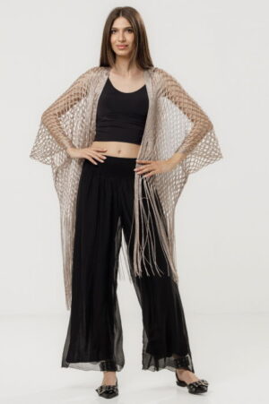 Poncho bej fango din plasa cu fir argintiu si franjuri lungi