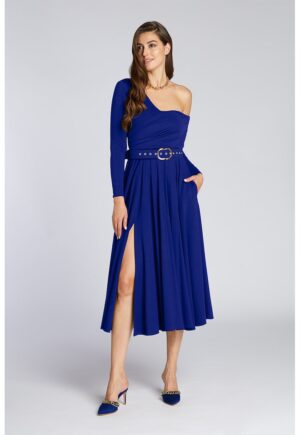 Rochie cu decolteu pe un umar si slit lateral - Bleumarin