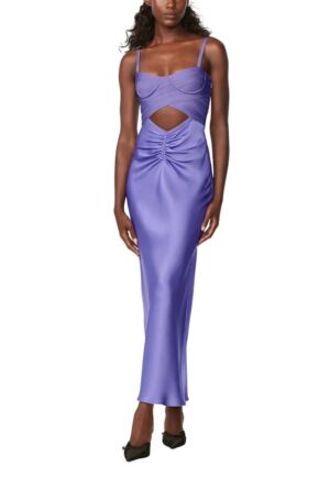 Rochie lunga - de ocazie cu o bustiera decoltata din bandaj emblematic si fusta din matase drapata - Lila