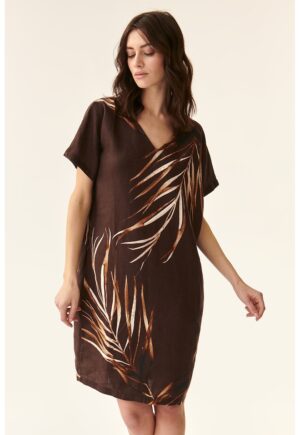 Rochie mini de in cu model tropical - Maro inchis/Maro scortisoara