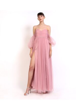 Rochie maxi din tul cu cristale aplicate Letizia - Roz pudrat