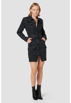 Rochie din denim cu maneci lungi si buzunare frontale - Negru