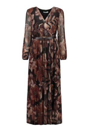 Rochie cu decolteu in V si imprimeu floral - Negru/Maro