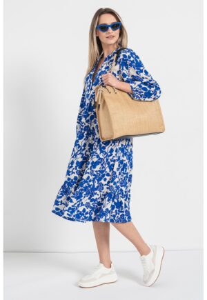 Rochie evazata cu model - Alb/Albastru royal