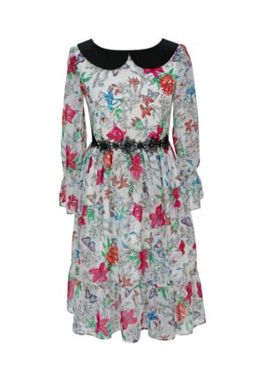 Rochie cu model floral si guler Peter Pan Lolah - Alb/Verde/Fucsia