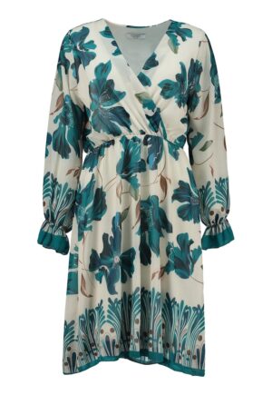 Rochie cu imprimeu floral si maneci lungi - Maro deschis/Alb murdar/Albastru petrol