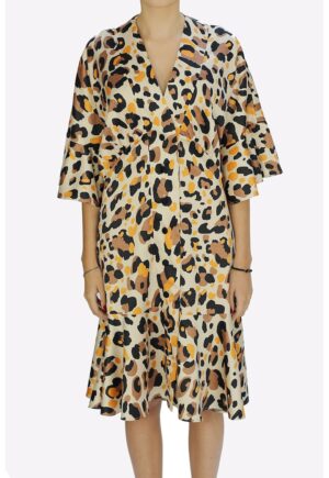 Rochie cu animal print si nasturi Iarina - Negru/Galben sofran/Alb murdar