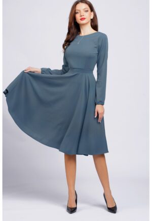 Rochie midi evazata cu decolteu barcuta - Albastru prafuit