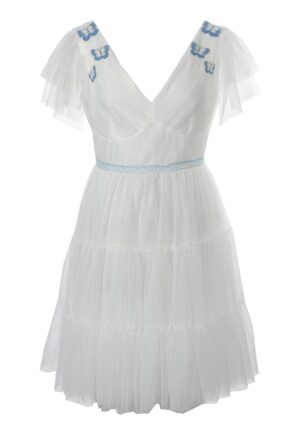 Rochie cu decolteu in V si aplicatii cu fluturi - Alb