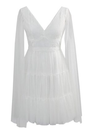 Rochie cu decolteu in V si garnituri de dantela - Alb