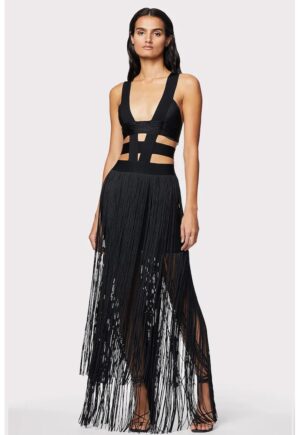 Rochie cu franjuri si decolteu adanc in V - Negru