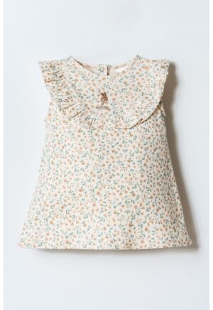 Rochie din amestec de bumbac cu model floral - Alb fildes/Maro deschis/Verde aquamarin