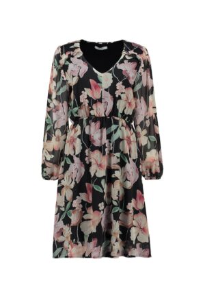 Rochie midi cu decolteu rotund si model floral - Negru/Roz/Verde menta