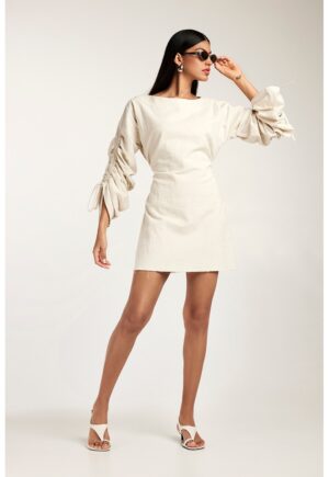 Rochie mini din bumbac cu maneci cu volane Sonya - Bej deschis