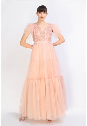 Rochie evazata stratificata cu insertii din tul - Piersica