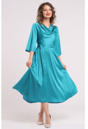 Rochie din satin cu decolteu drapat - Turcoaz
