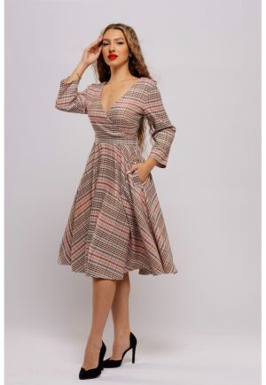 Rochie mini cu croiala in A si buzunare - Maro/Bej/Roz