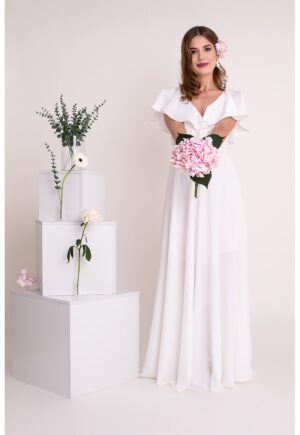 Rochie lunga cu decolteu in V si garnituri cu volane - Alb optic