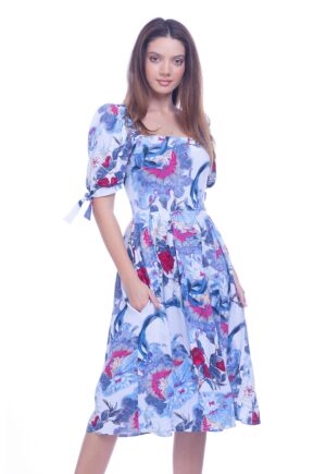 Rochie cu model floral si buzunare laterale - Alb/Roz/Albastru
