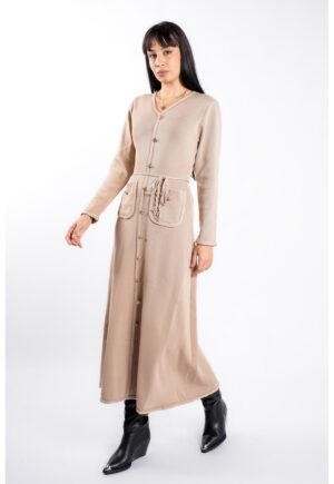 Rochie cu nasturi aurii si cordon impletit - Nude