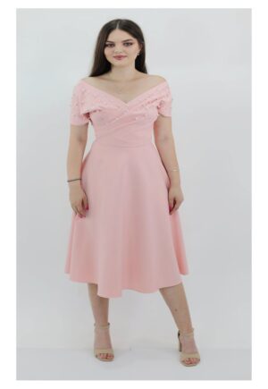 Rochie midi din crep și perle NADIA - Roz deschis