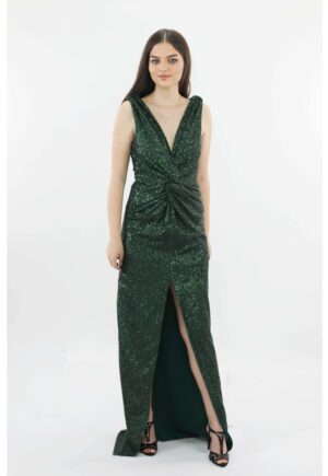 Rochie lunga de seara din paiete cu nod BLANCA - Verde inchis