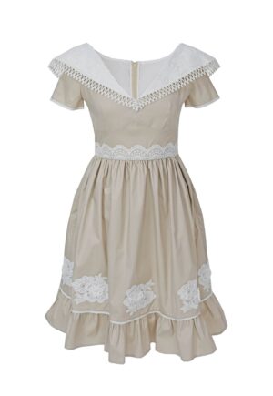 Rochie evazata cu insertii din dantela crosetata Eliana - Alb/Maro taupe deschis