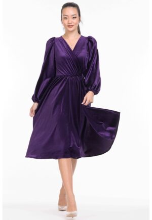 Rochie midi evazata cu aspect de catifea - Mov inchis