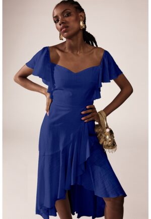 Rochie midi cu decolteu pe umeri - Albastru royal