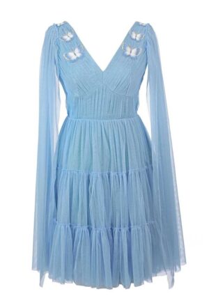 Rochie evazata cu decolteu in V si aplicatii cu fluturi - Alb/Albastru lavanda/Argintiu