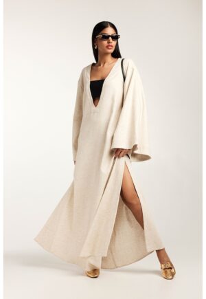 Rochie maxi din amestec de in cu maneci clopot si decolteu adanc in V - Bej deschis