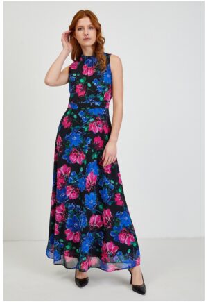 Rochie lunga cu model floral - Negru/Roz/Bleumarin