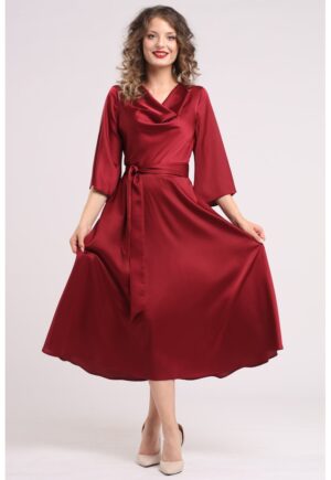 Rochie din satin cu decolteu drapat - Visiniu