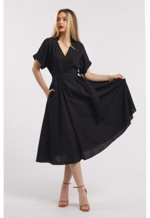 Rochie midi evazata din in cu decolteu in V - Negru