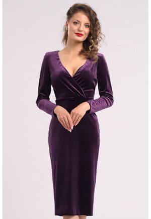 Rochie midi cu aspect de catifea - croiala cambrata si decolteu in V - Mov inchis