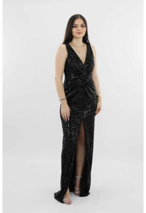 Rochie lunga de seara din paiete cu nod BLANCA - Negru