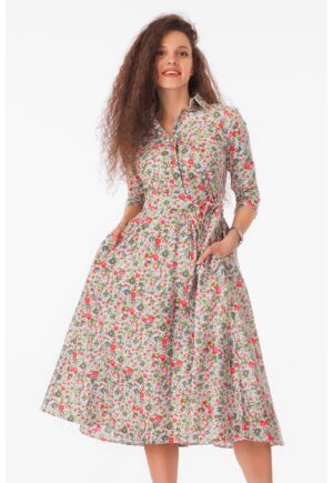 Rochie-camasa evazata cu cordon in talie - Alb/Verde/Coral