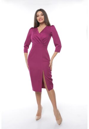 Rochie cu slit lateral si decolteu in V - Roz inchis