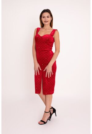 Rochie cu aspect de catifea si slit frontal Jade - Rosu