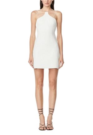 Rochie mini - de ocazie accesorizata cu bretele din cristale aplicate manual - Alb