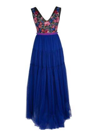 Rochie maxi stratificata cu motive florale brodate - Albastru royal