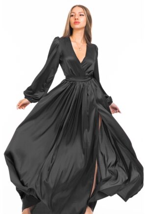 Rochie maxi evazata cu slit si model petrecut - Negru stins