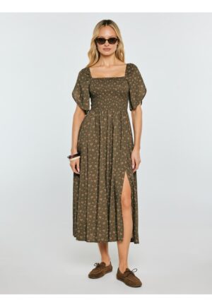 Rochie midi cu imprimeu floral si slit frontal Bler