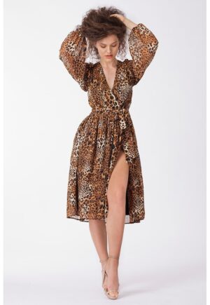 Rochie evazata cu slit lateral - Negru/Maro