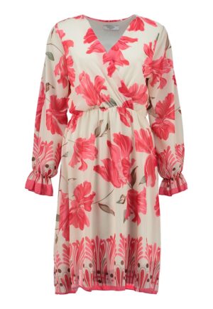 Rochie cu imprimeu floral si maneci lungi - Roz aprins/Maro deschis/Alb murdar